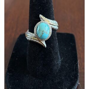 Sterling Silver Turquoise Leaf Wrap Ring Size ~7 | 925 Southwestern Feather Ring